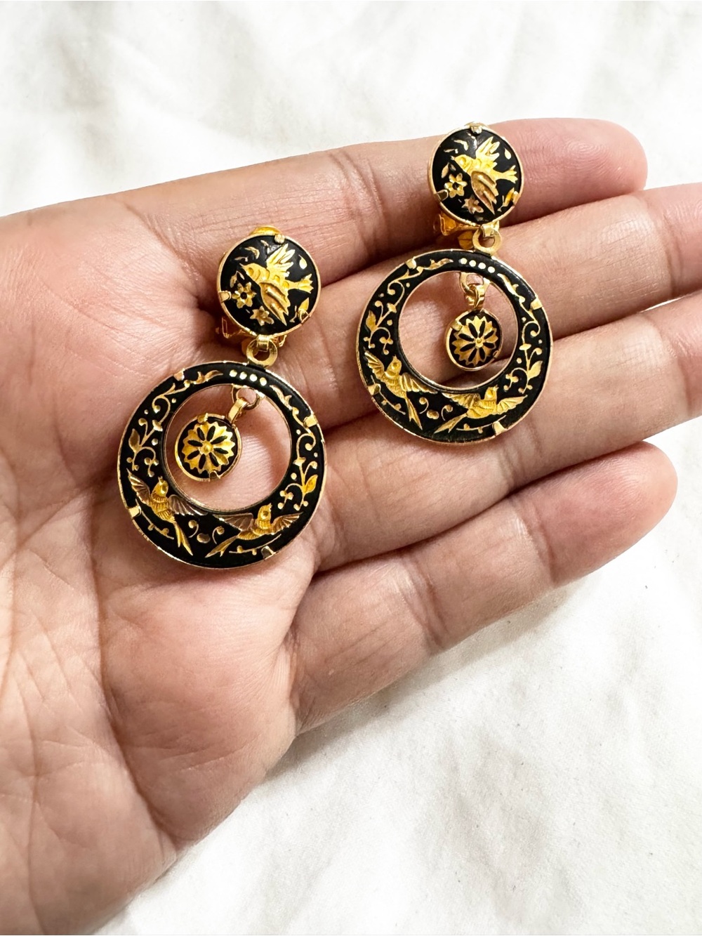 Vintage Damascene Gold & Black Floral Hoop Clip-On Spain Earrings